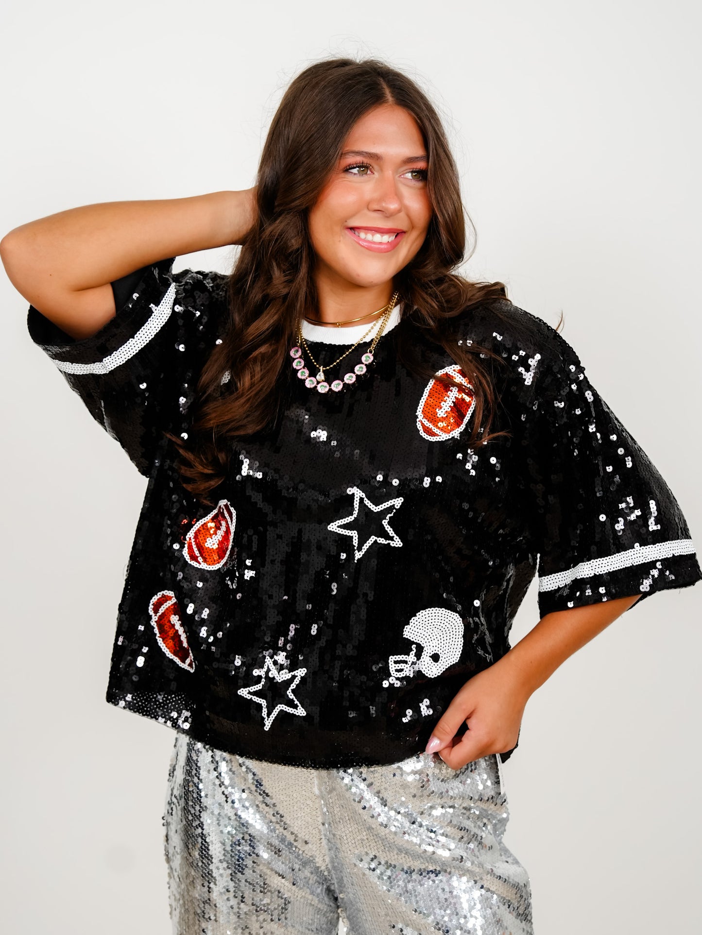 Sequin Game Day Short Sleeve Round Neck Top - Freckled Poppy