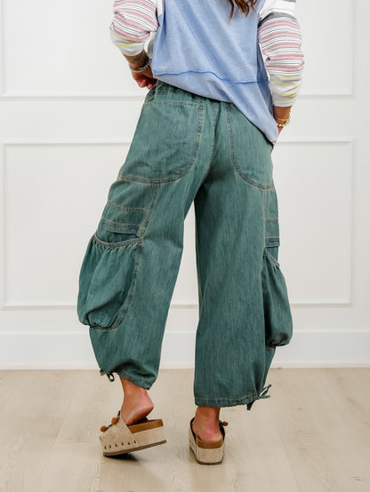 Vintage Wash Elastic Waist Cargo Pants
