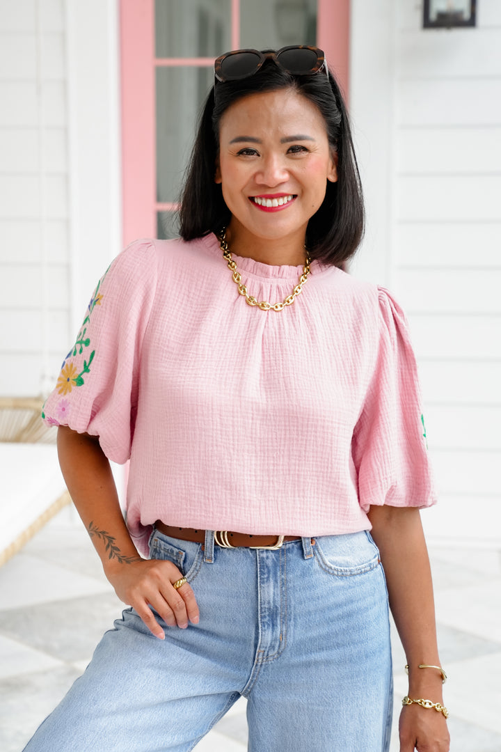 Gauze Short Puff Sleeve Top with Floral Embroidery Detail