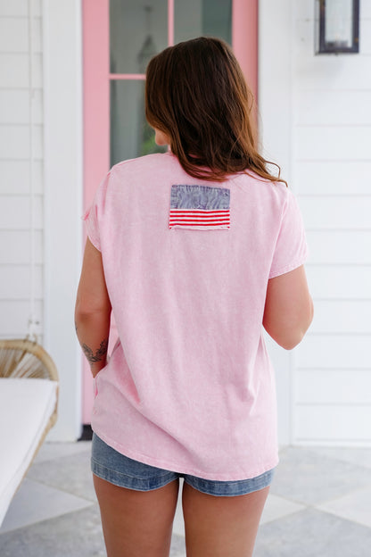 Mineral Wash Short Sleeve Top with American Flag Bow