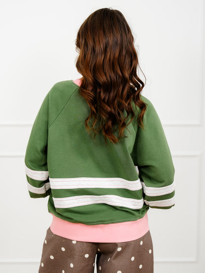 Long Sleeve Terry Pullover Top with Contrast Stripe - Freckled Poppy