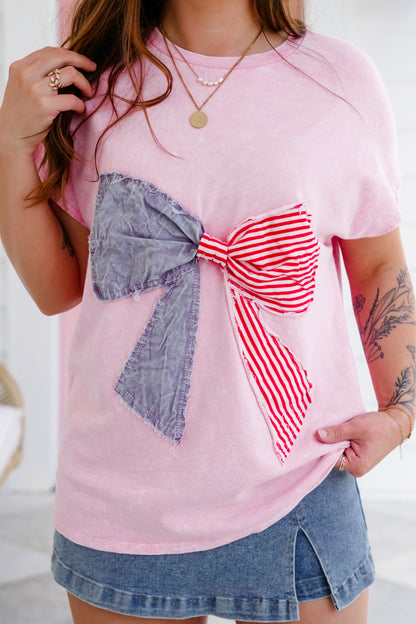 Mineral Wash Short Sleeve Top with American Flag Bow