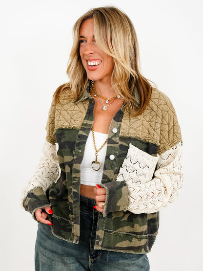 Plus/Reg Camo Long Sleeve Button Down Jacket with Floral Detail