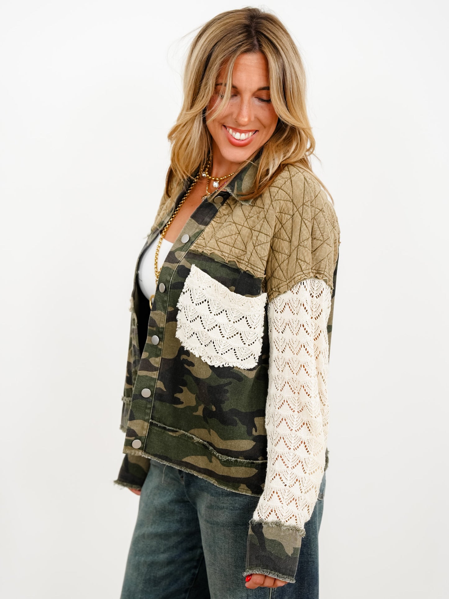 Plus/Reg Camo Long Sleeve Button Down Jacket with Floral Detail
