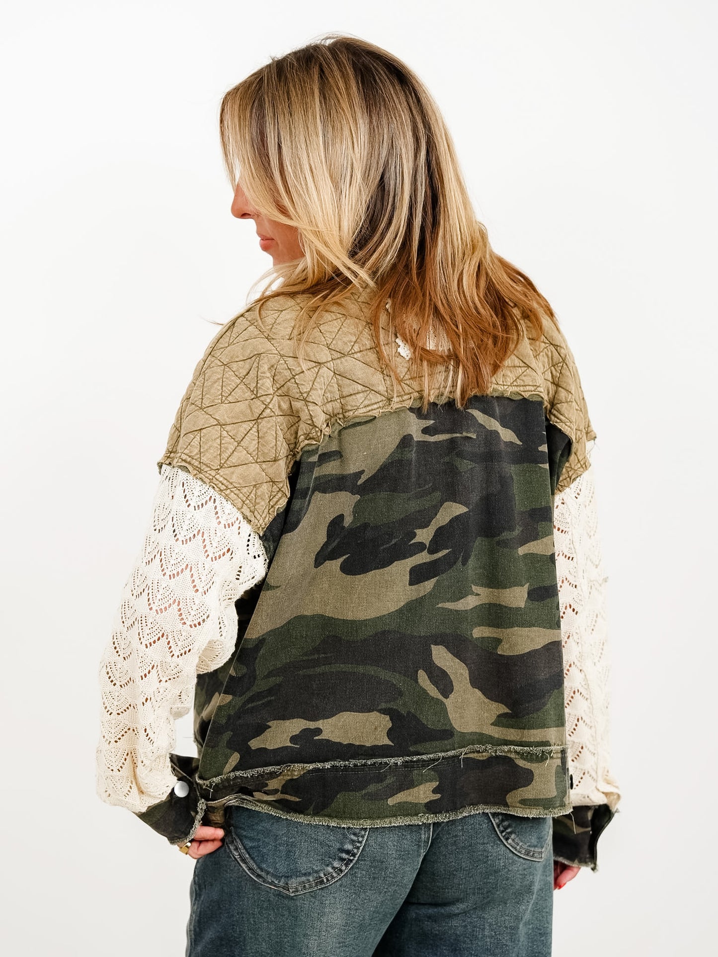 Plus/Reg Camo Long Sleeve Button Down Jacket with Floral Detail