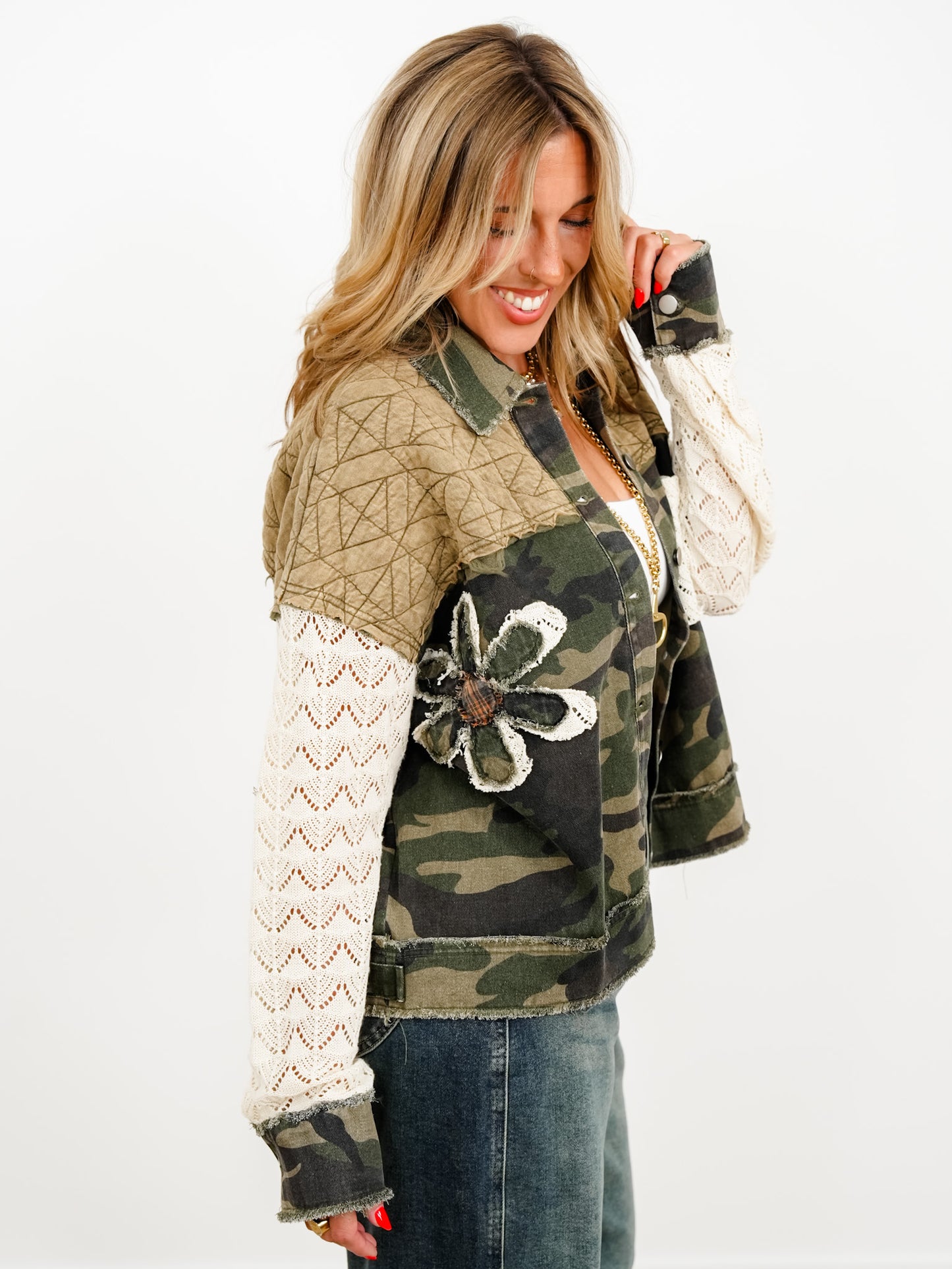 Plus/Reg Camo Long Sleeve Button Down Jacket with Floral Detail