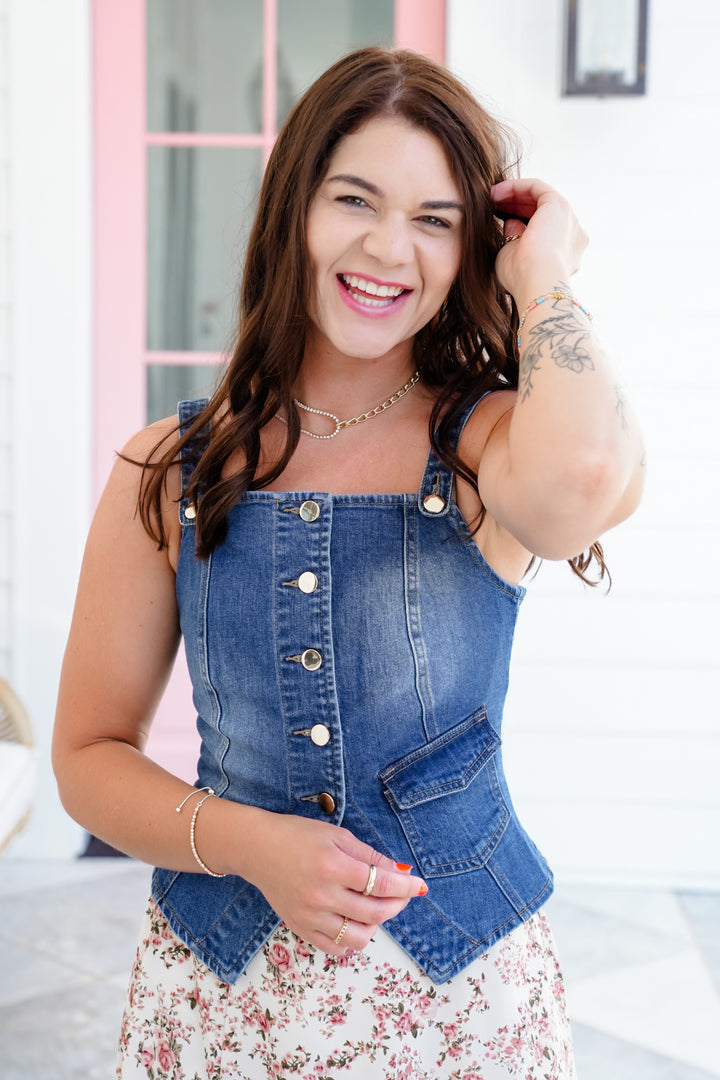 Medium Wash Button Down Corset Vest