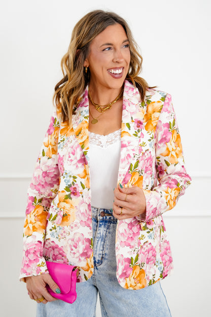 Floral Print Long Sleeve One Button Blazer