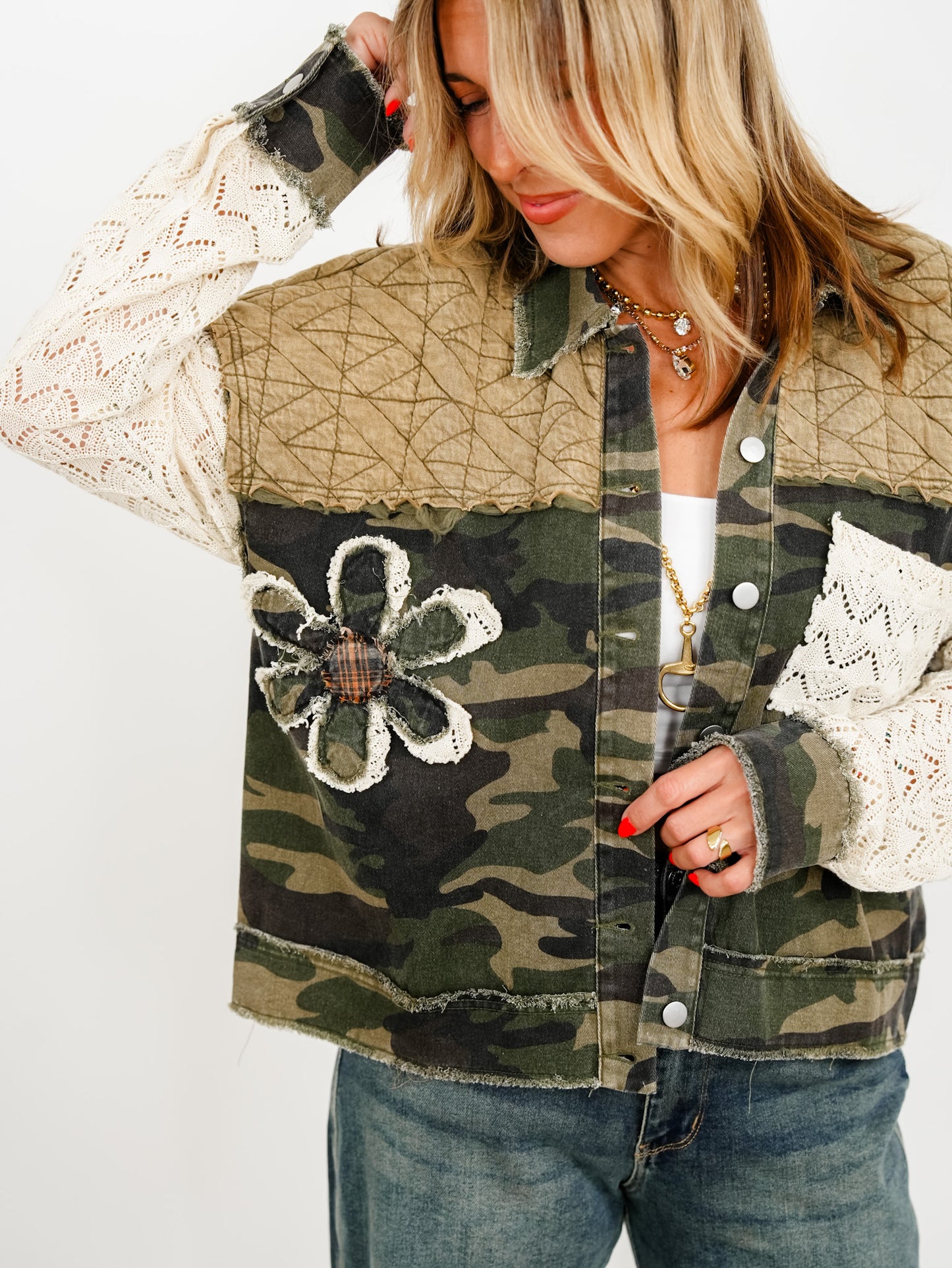 Plus/Reg Camo Long Sleeve Button Down Jacket with Floral Detail
