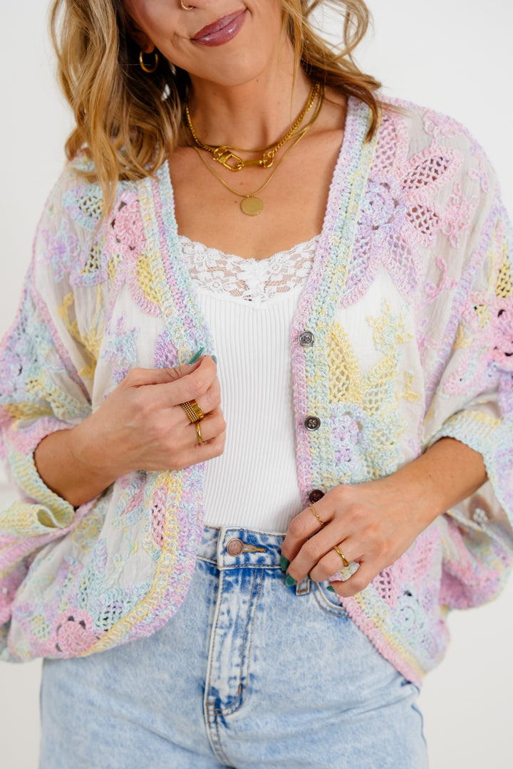 POL Rainbow Floral Crochet Batwing Sleeve Cardigan