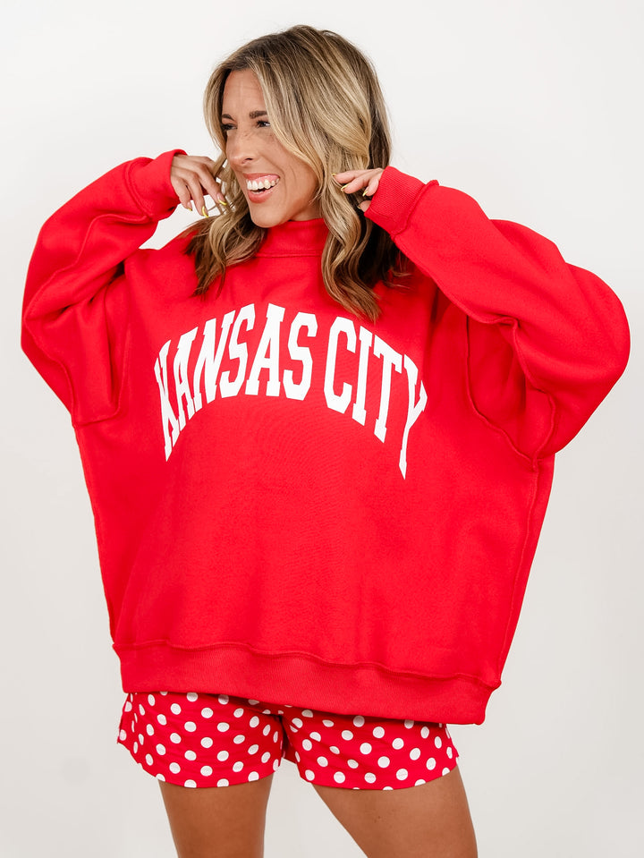 Red Long Sleeve Reversible Mock Neck Kansas City/KC Graphic Sweatshirt - Freckled Poppy