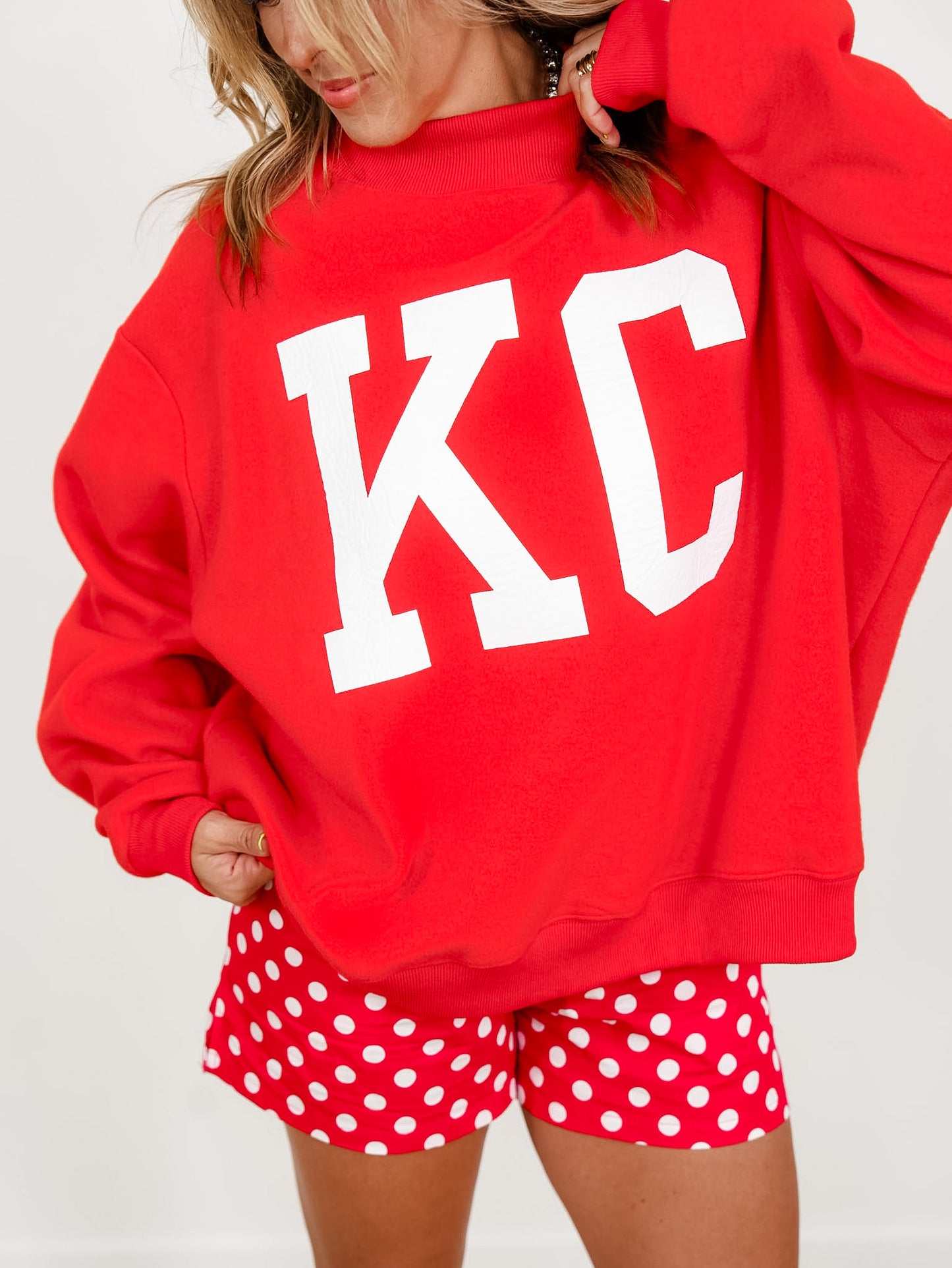 Red Long Sleeve Reversible Mock Neck Kansas City/KC Graphic Sweatshirt - Freckled Poppy