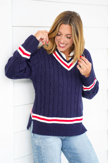 Navy Cable Knit Long Sleeve V Neck Pullover Sweater