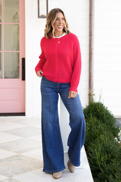 Red Long Sleeve Button Down Cardigan