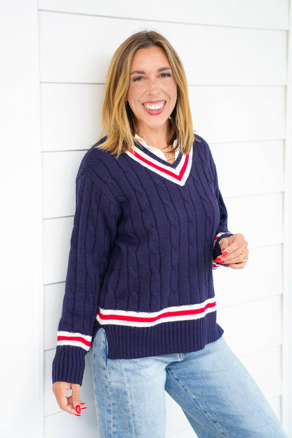 Navy Cable Knit Long Sleeve V Neck Pullover Sweater