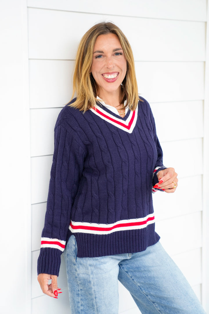 Navy Cable Knit Long Sleeve V Neck Pullover Sweater