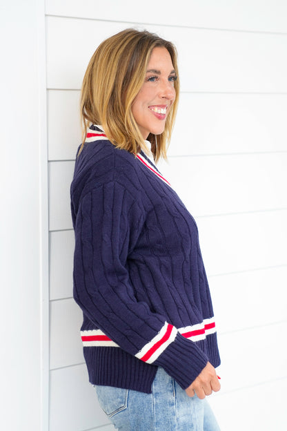 Navy Cable Knit Long Sleeve V Neck Pullover Sweater
