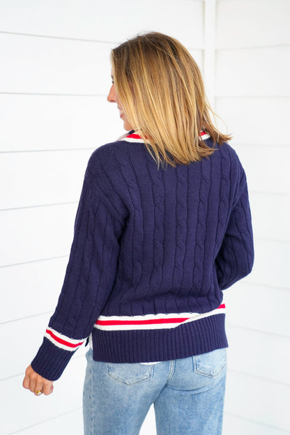 Navy Cable Knit Long Sleeve V Neck Pullover Sweater