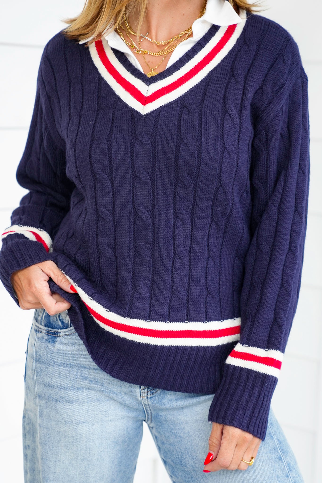 Navy Cable Knit Long Sleeve V Neck Pullover Sweater