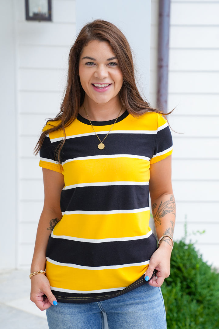 Yellow and Black Stripe Short Sleeve Top