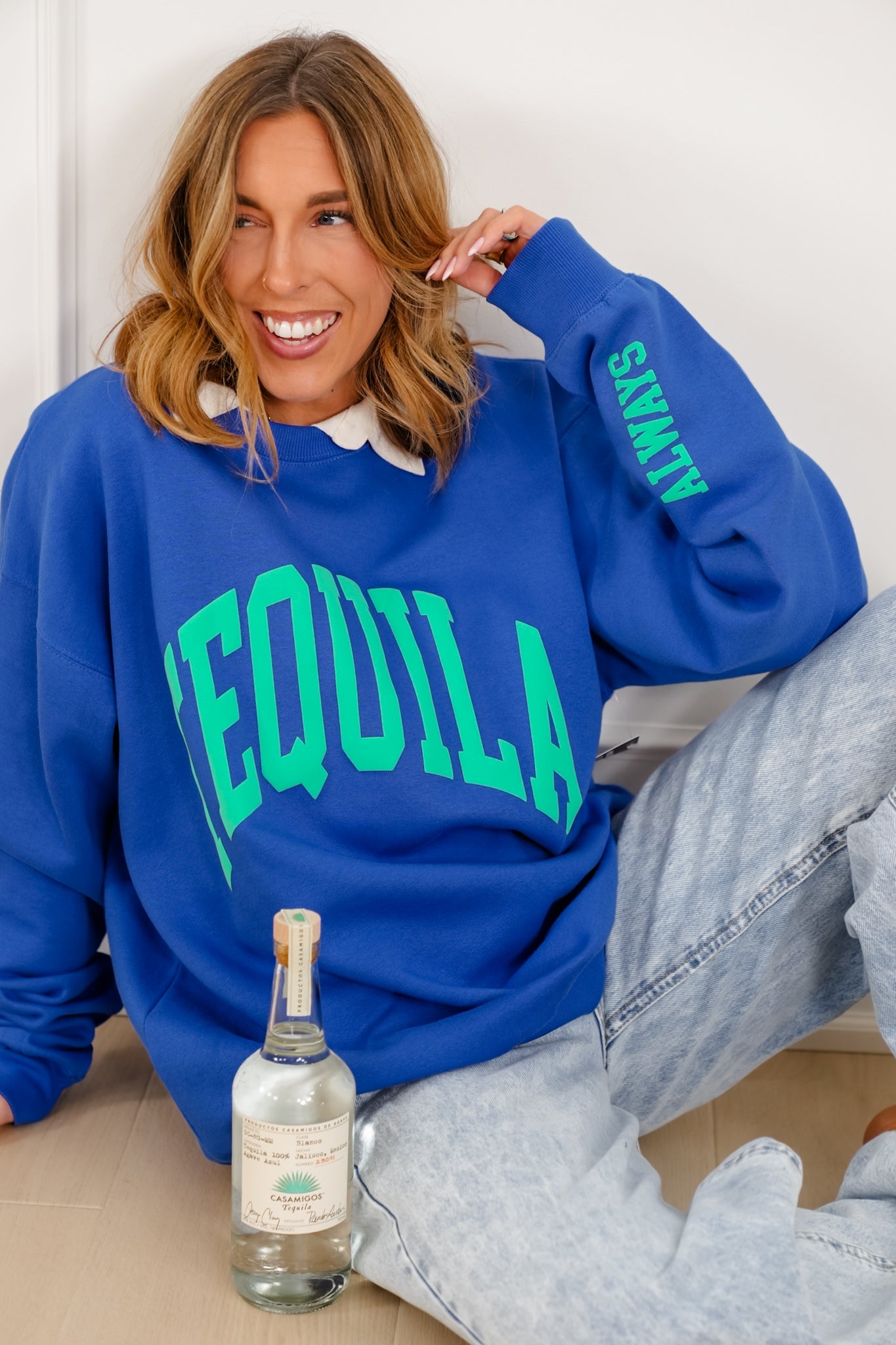 Blue Long Sleeve "Tequila Always" Graphic Sweatshirt