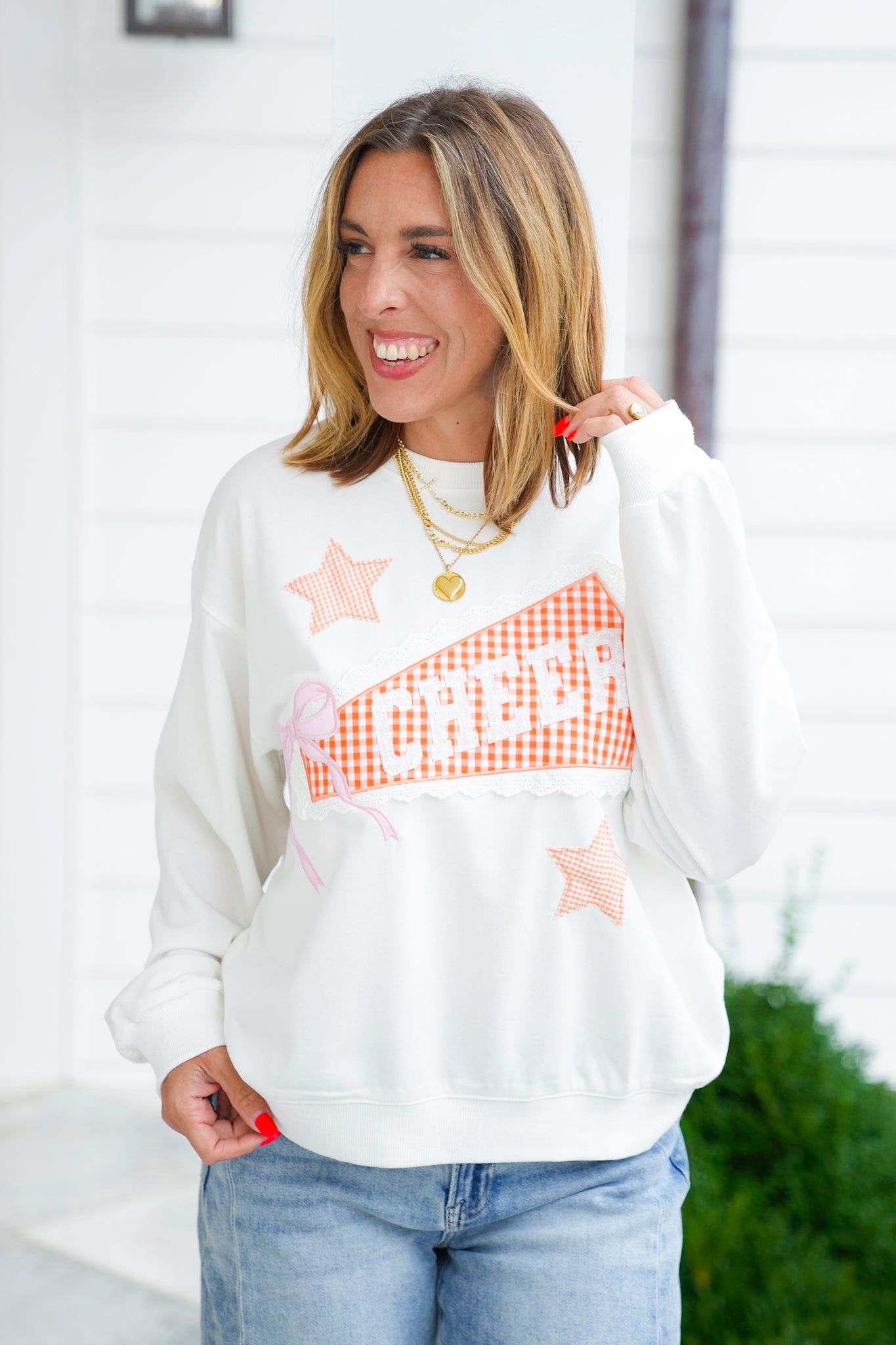 Long Sleeve Crewneck Top with Cheer Patch