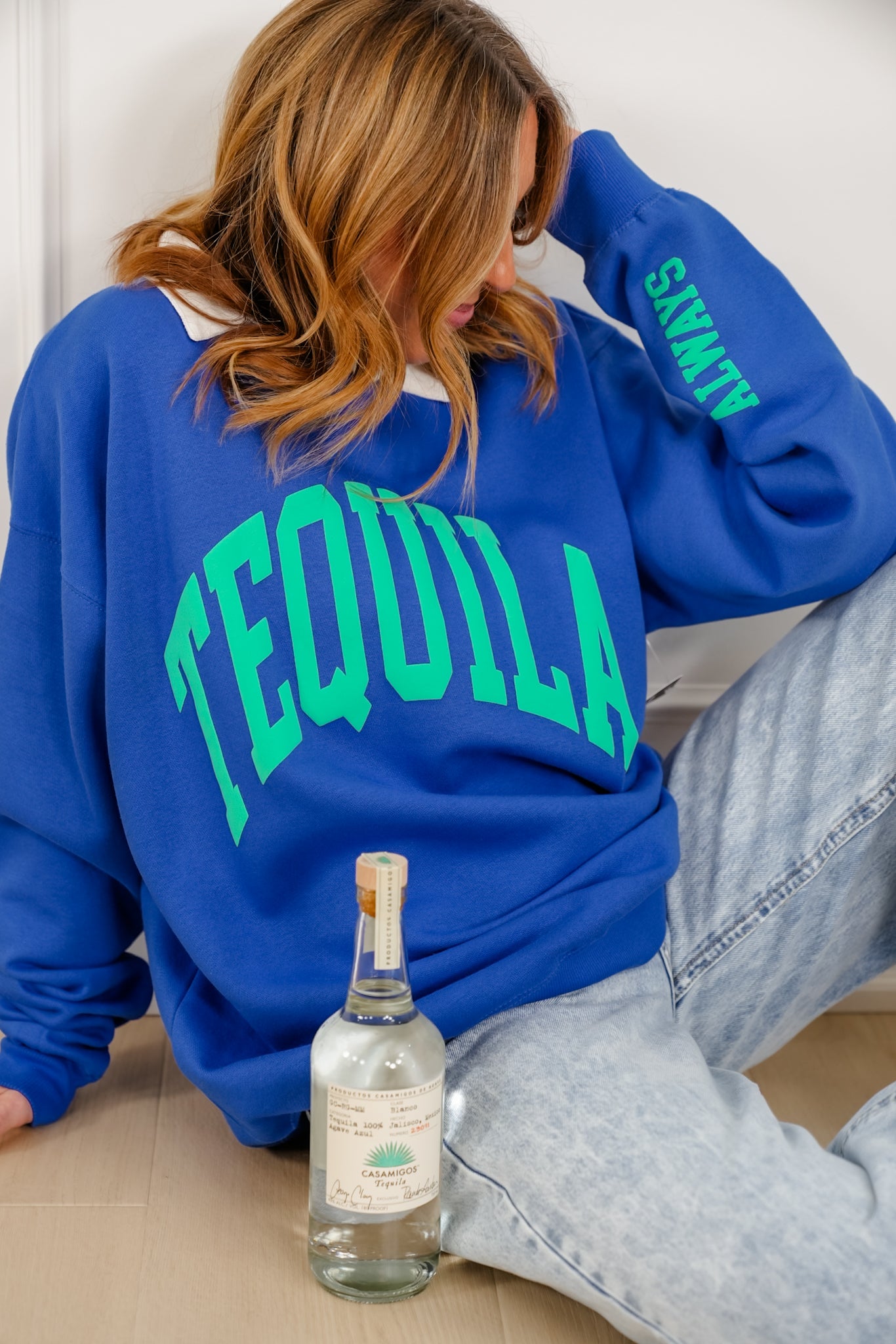 Blue Long Sleeve "Tequila Always" Graphic Sweatshirt