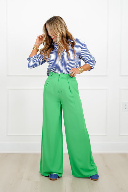 Solid Color High Waisted Pleated Wide Leg Pants