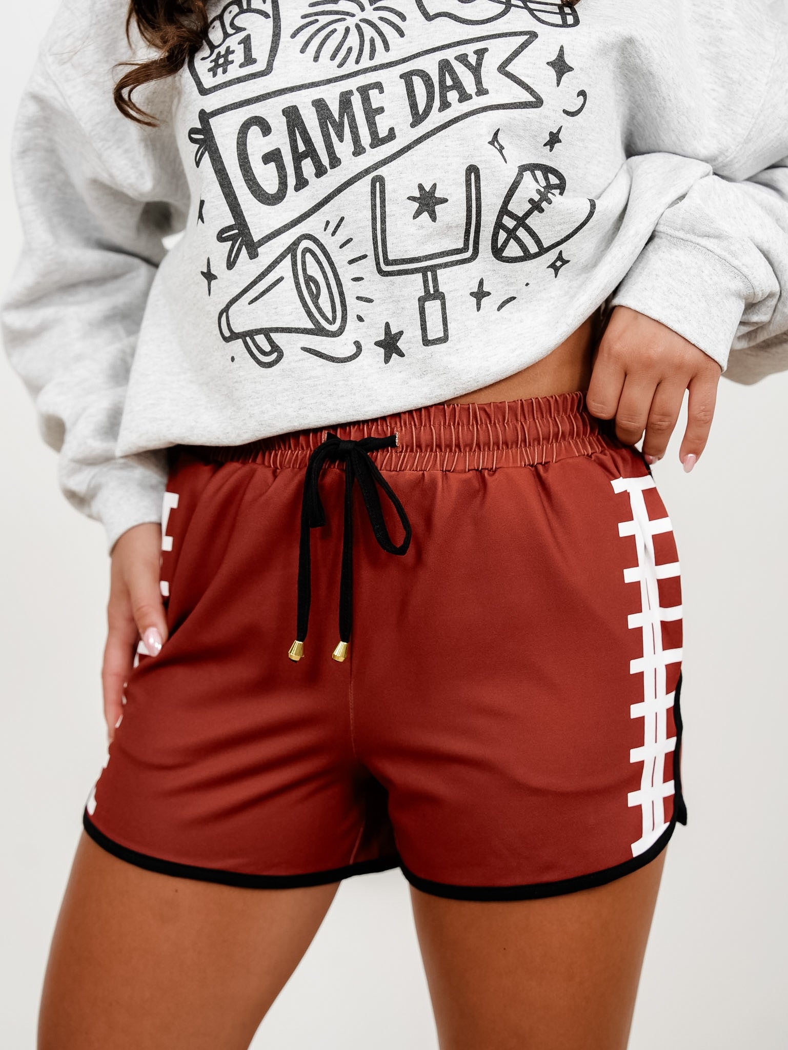 Plus/Reg Elastic Waist Football Shorts with Side Pockets - Freckled Poppy
