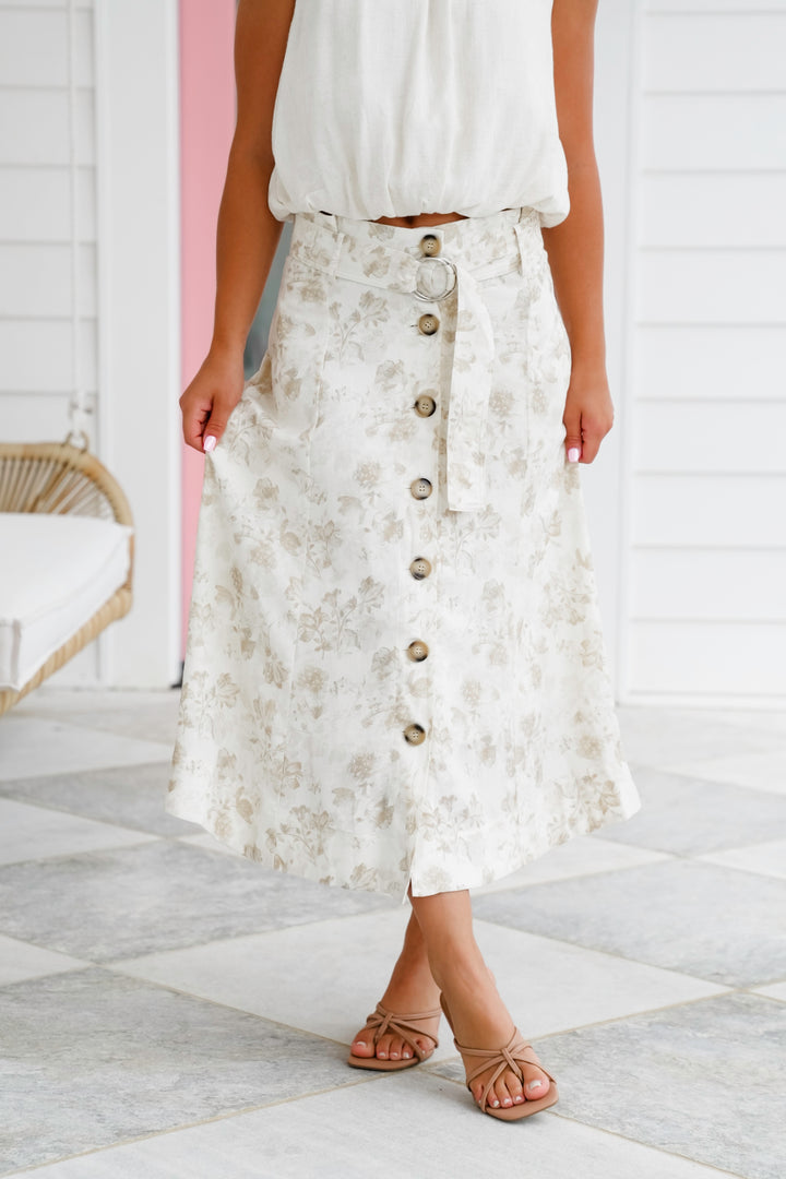 Floral Linen Blend Button Down Skirt