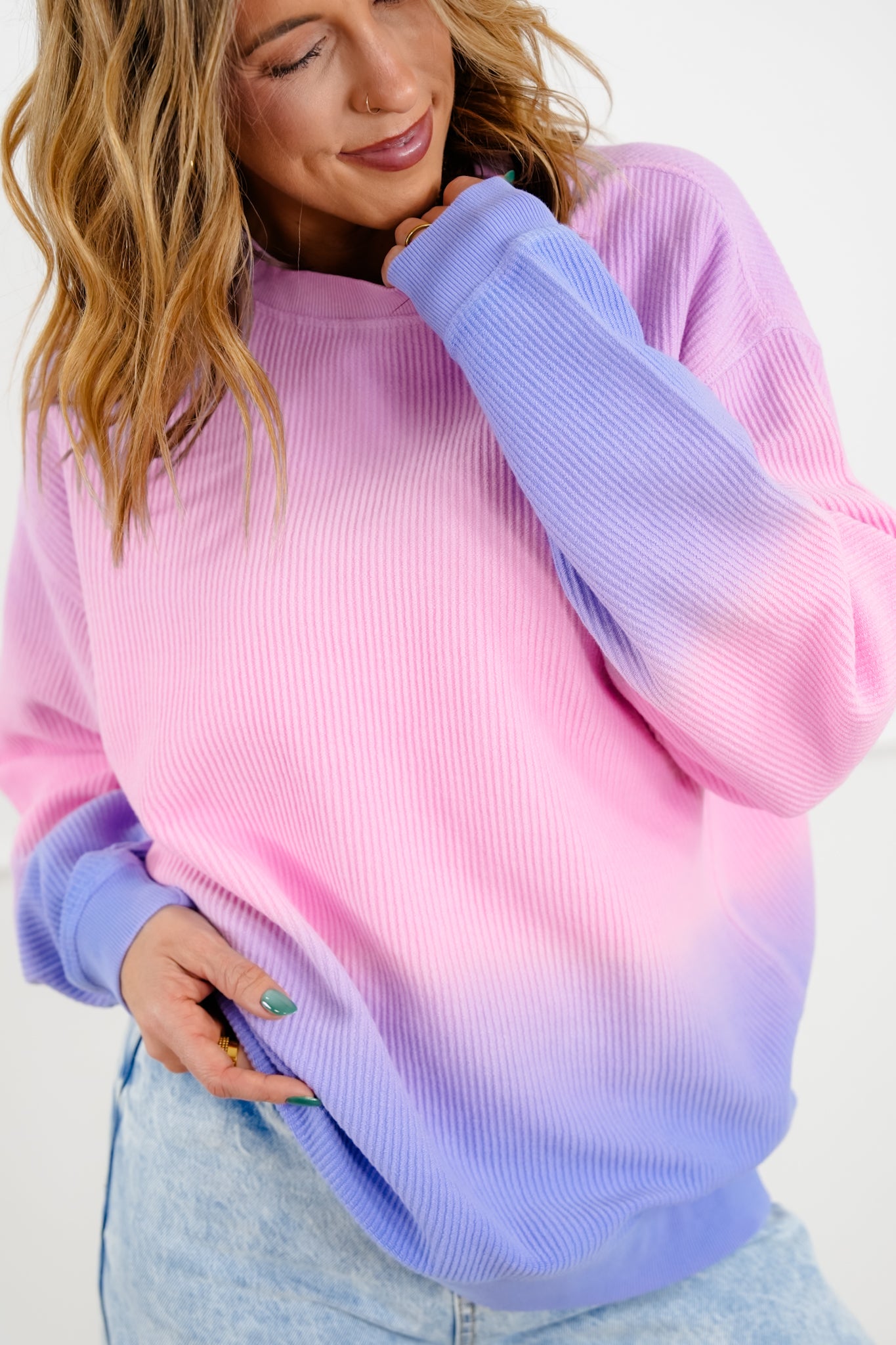 Cotton Candy Ombre Ribbed Long Sleeve Pullover Top