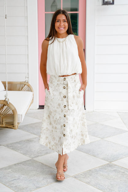 Floral Linen Blend Button Down Skirt