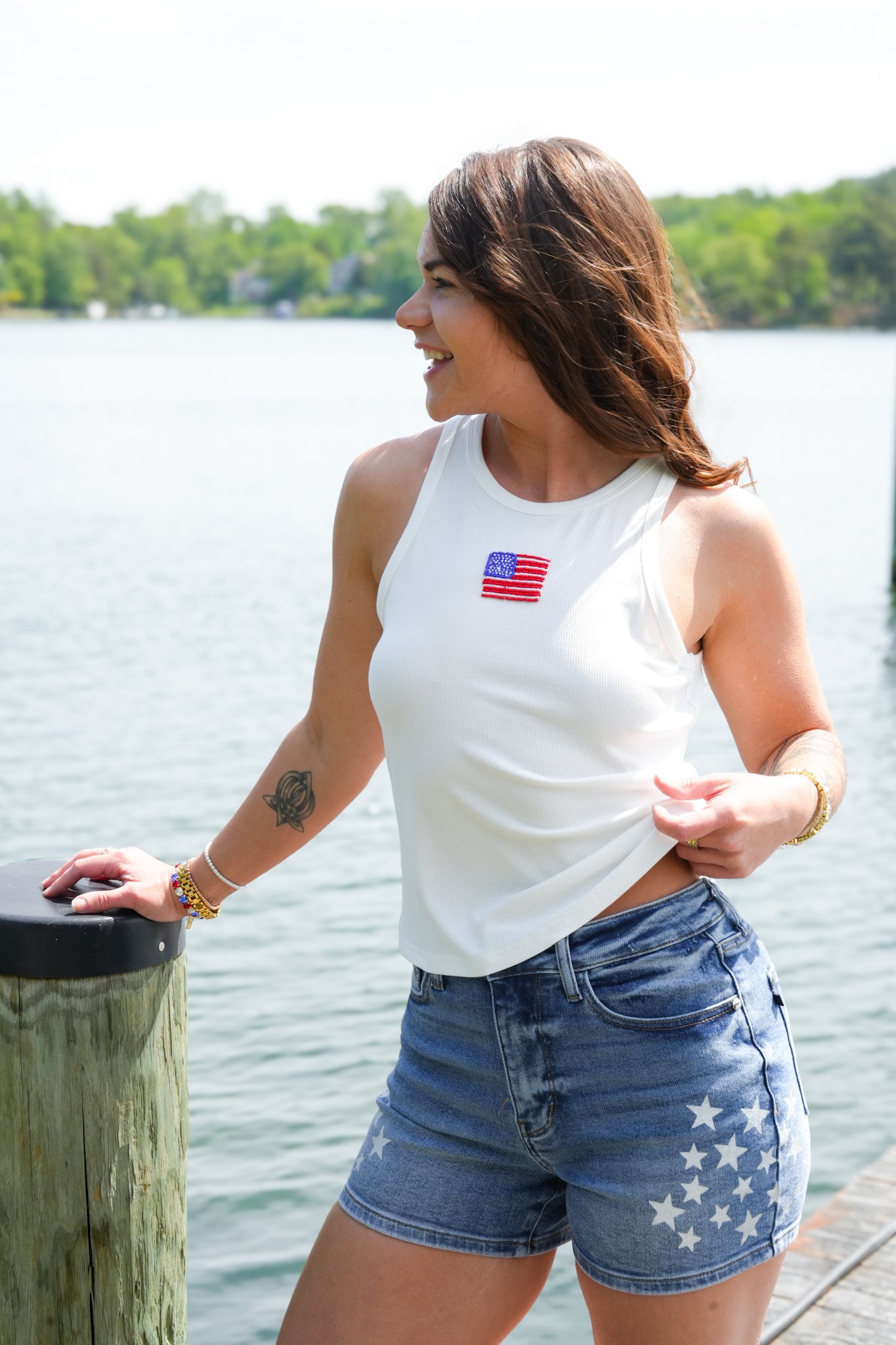 Ribbed Knit Tank Top with Beaded American Flag