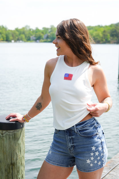 Ribbed Knit Tank Top with Beaded American Flag