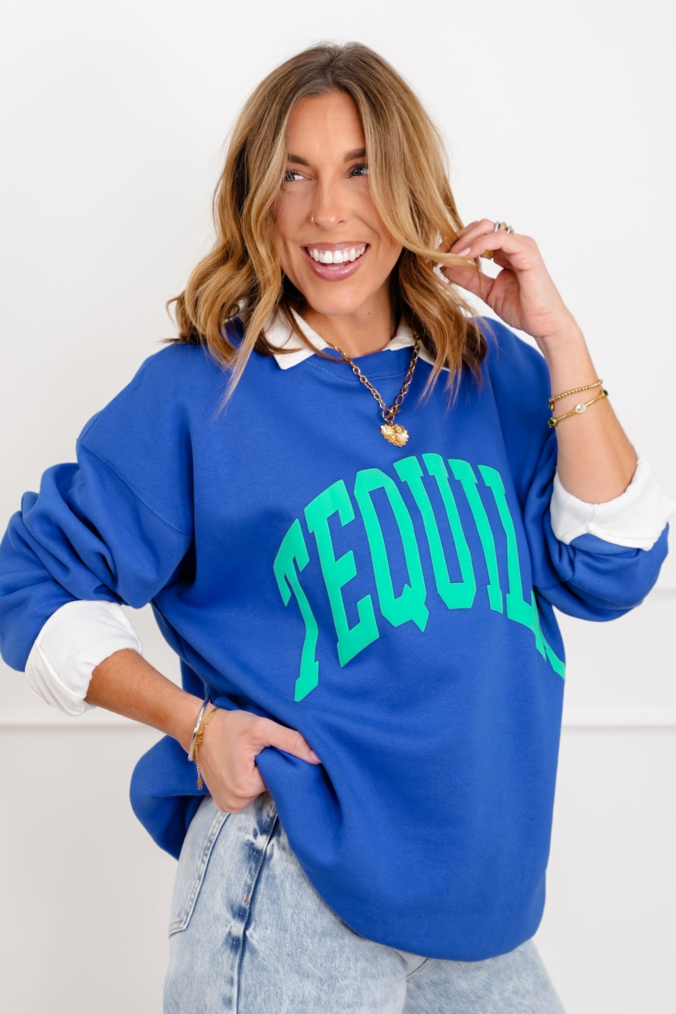 Blue Long Sleeve "Tequila Always" Graphic Sweatshirt