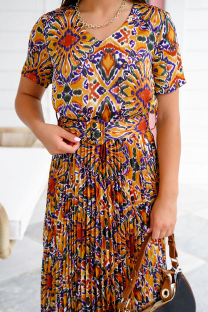 Abstract Print Short Sleeve Midi Dress With Pleated Skirt Detail