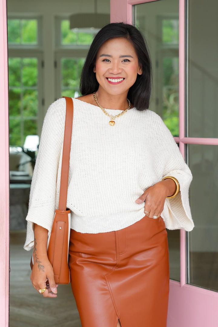 Cream Knit Dolman Sleeve Boat Neck Sweater