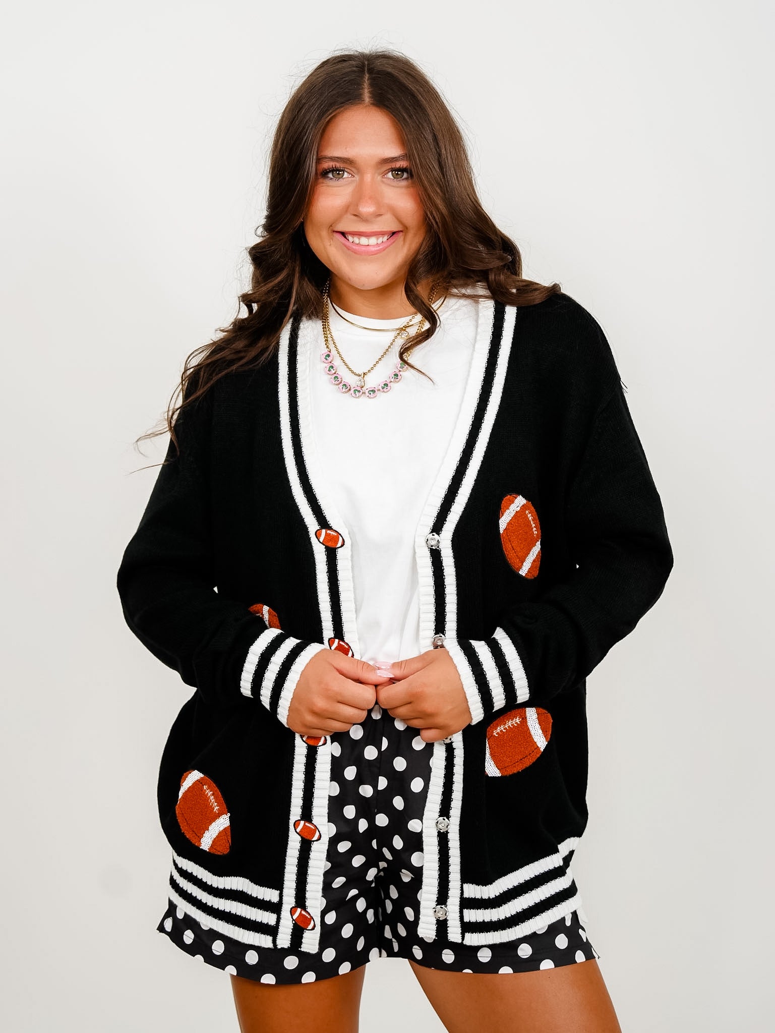 Plus/Reg Football Patch Long Sleeve Button Down Cardigan - Freckled Poppy