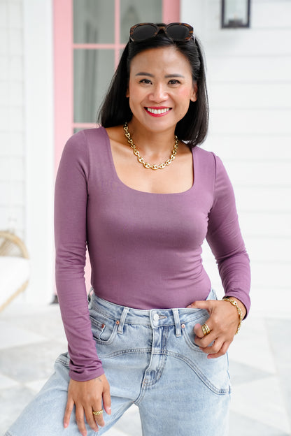 Long Sleeve Square Neck Fitted Knit Top