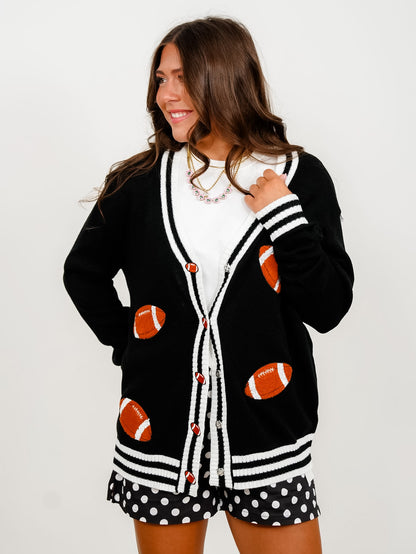 Plus/Reg Football Patch Long Sleeve Button Down Cardigan - Freckled Poppy