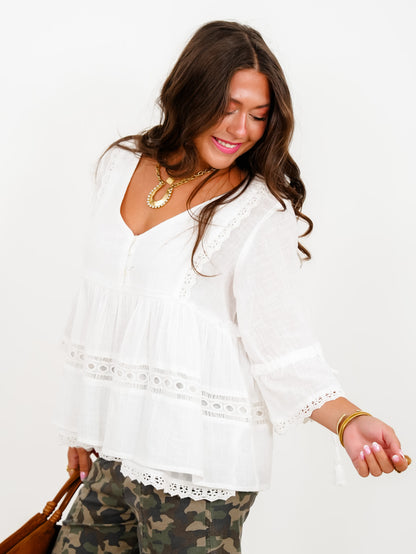 POL White Short Sleeve V-Neck Top with Lace Trim