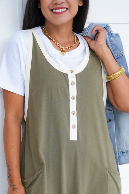 Sleeveless Adjustable Strap Jumpsuit with Button Detail