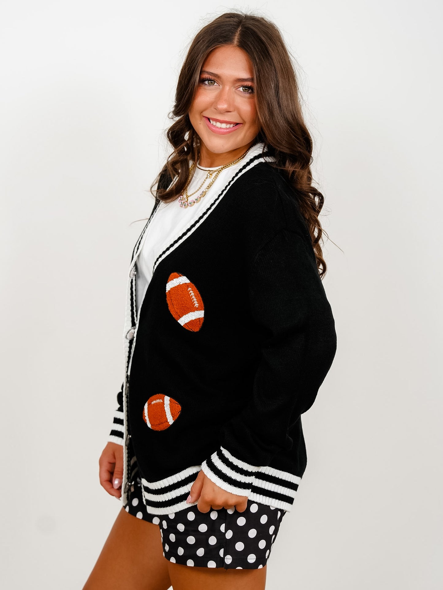 Plus/Reg Football Patch Long Sleeve Button Down Cardigan - Freckled Poppy