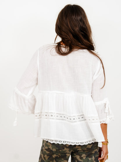 POL White Short Sleeve V-Neck Top with Lace Trim