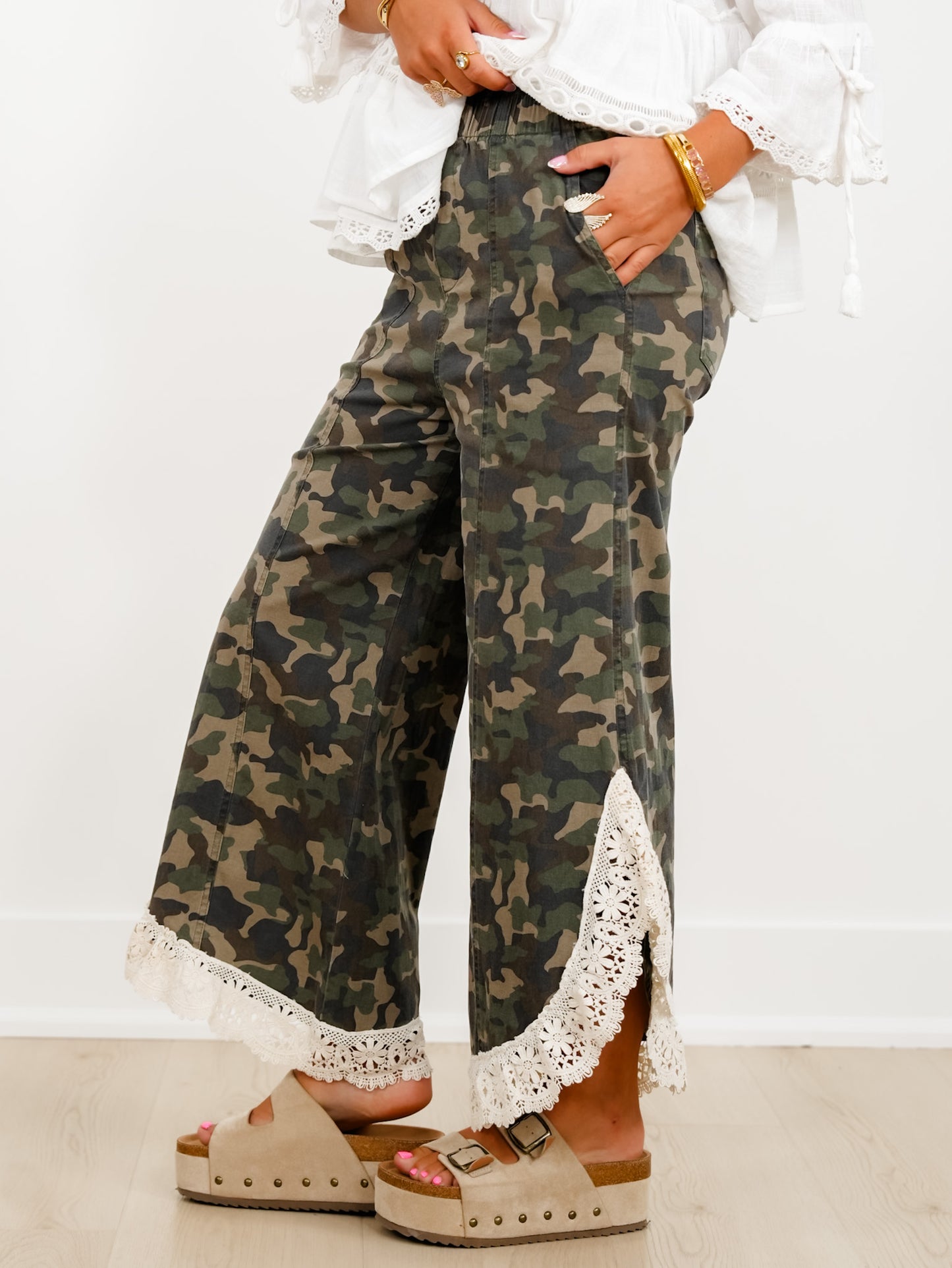Camo Print Elastic Waist Tulip Hem Pants with Crochet Trim