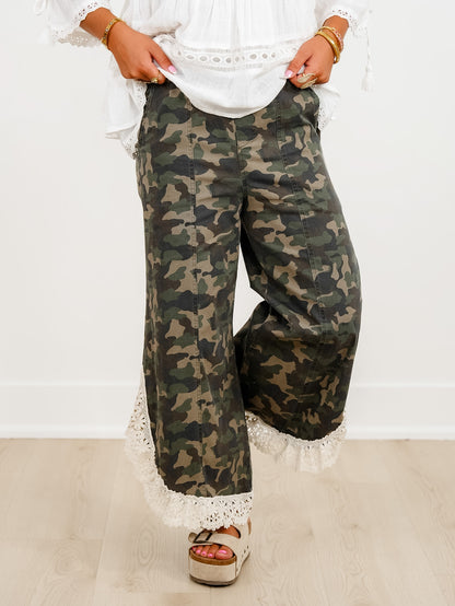 Camo Print Elastic Waist Tulip Hem Pants with Crochet Trim