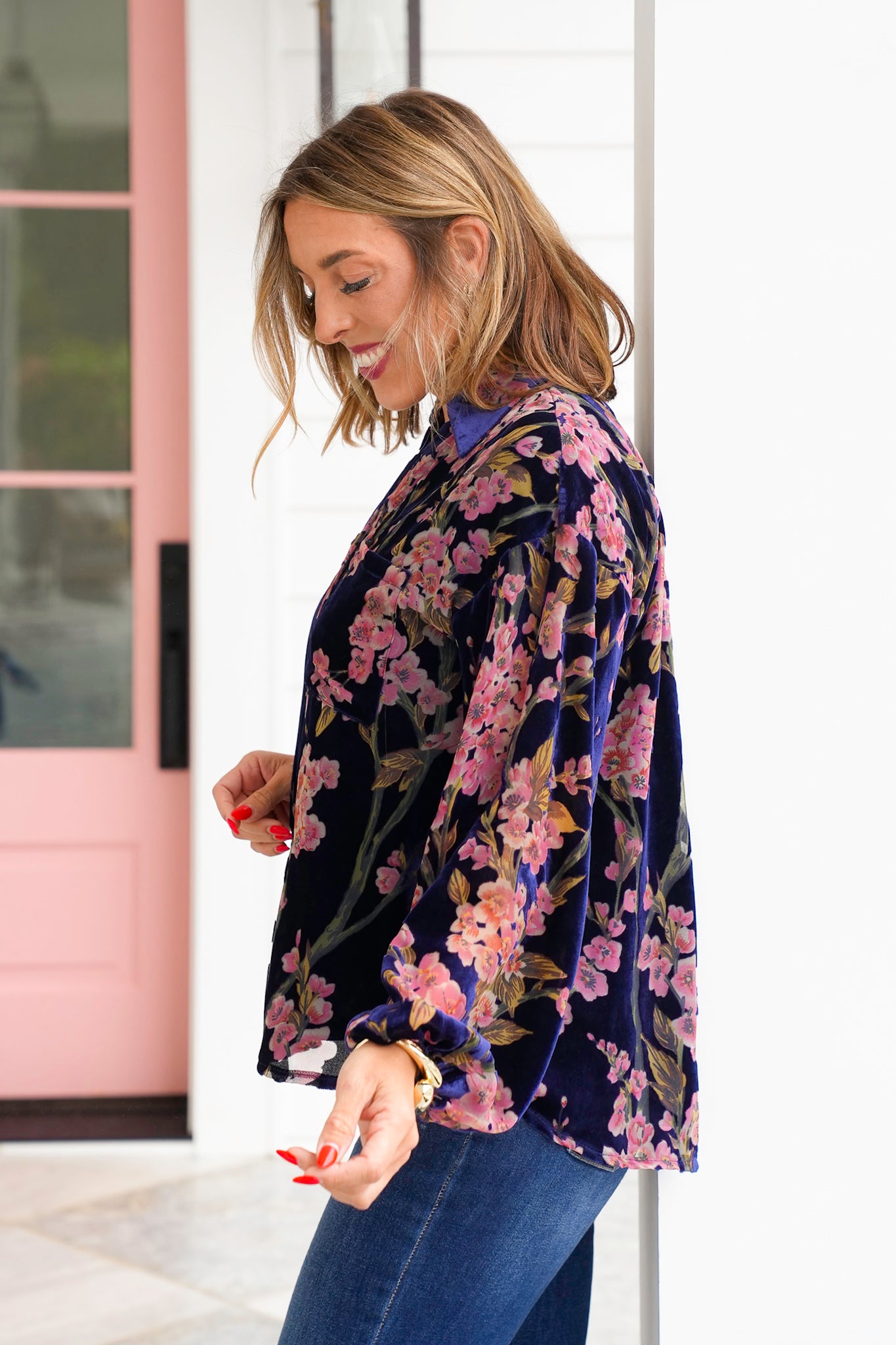 Velvet Floral Long Sleeve Button Down Top