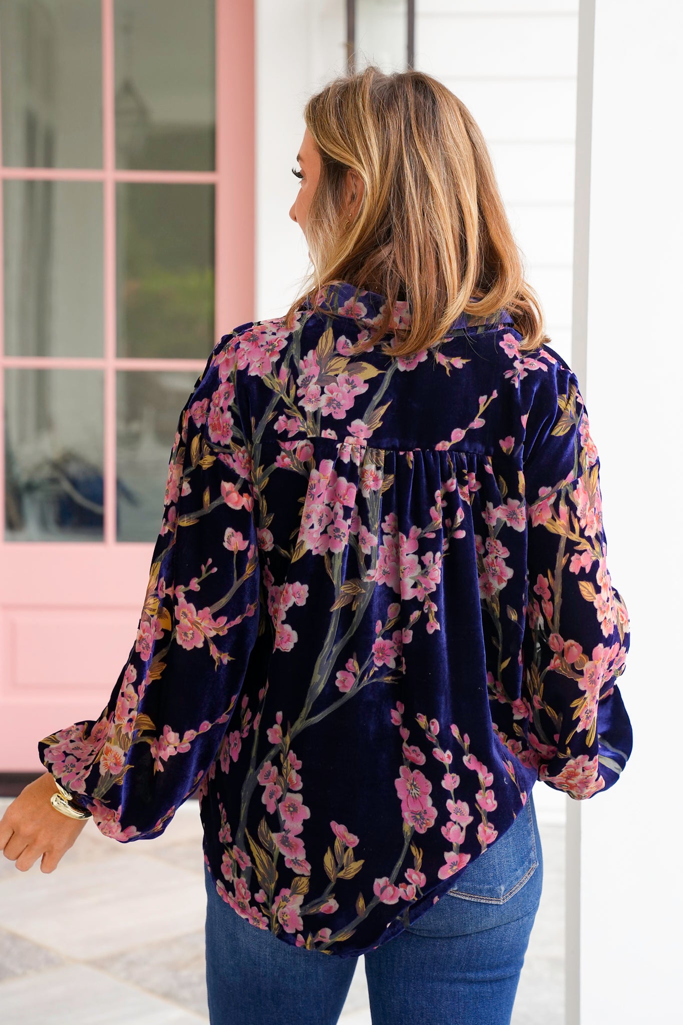 Velvet Floral Long Sleeve Button Down Top