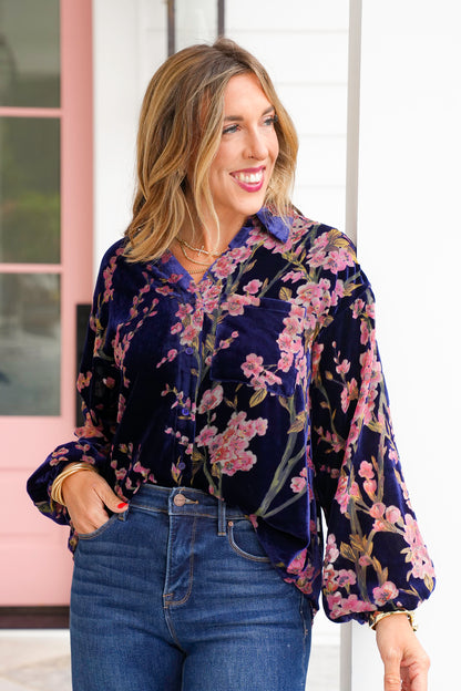 Velvet Floral Long Sleeve Button Down Top
