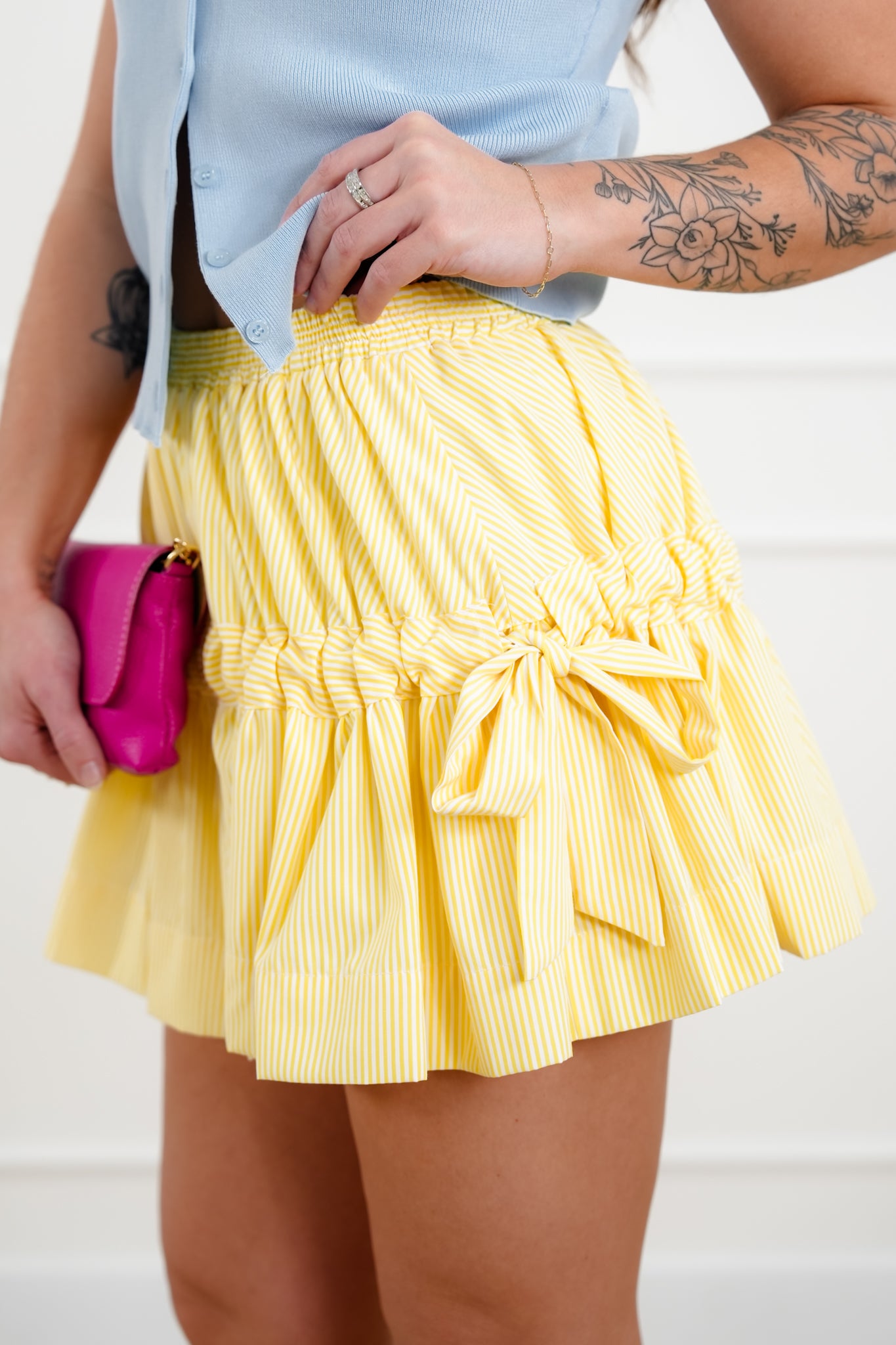 Pin Stripe Elastic Waist Mini Skirt with Adjustable Side Ties